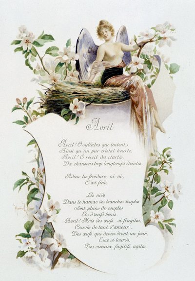April ""Månadens sång"" av Jérôme Doucet, illustration - Maurice Leloir, red. Reims 1904. L. Michaud av Maurice Leloir
