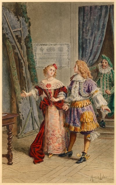 Bakom scenen på Scapin, Armande, Baron och Moliere (illustration) av Maurice Leloir