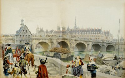 Frankrikes historia: Förvisad till slottet Blois av sin son Ludvig XIII, Marie de Medicis (1575-1642) och hans svit lämnade Paris 1617. Illustration av Maurice Leloir (1853-1940) i "" Richelieu"" av Maurice Leloir