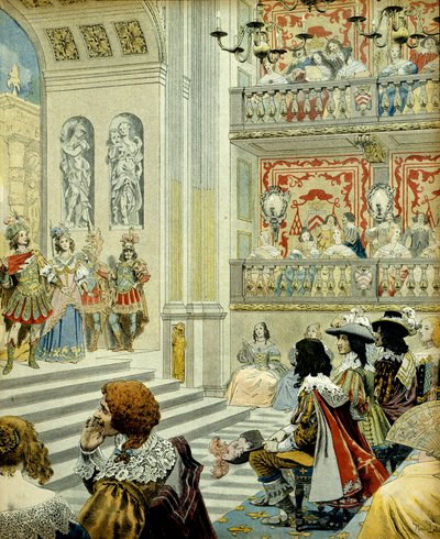 Frankrikes historia: Representation på teatern i kardinalpalatset (nu det kungliga palatset) av verket "Mirame", en heroisk komedi skriven 1641 av kardinal Richelieu (Armand Jean du Plessis av Maurice Leloir
