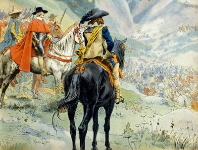 Frankrikes historia: Successionskriget i Mantua (1628-1631) under trettioåriga kriget. Slaget vid Pas de Suze (Susa) som representerar kung Ludvig XIII (1601-1643) och kardinal Richelieu (Armand Jean du Plessis av Maurice Leloir
