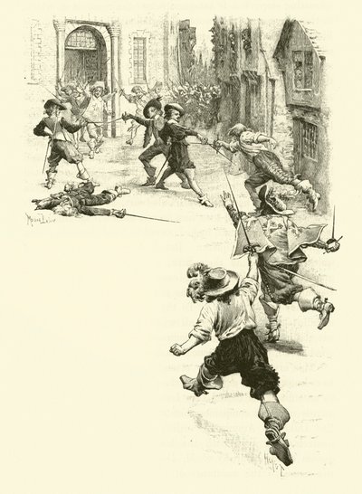 Illustration för De tre musketörerna (gravyr) av Maurice Leloir