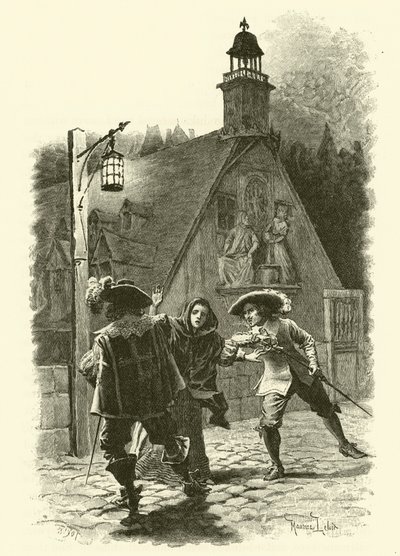 Illustration för De tre musketörerna (gravyr) av Maurice Leloir