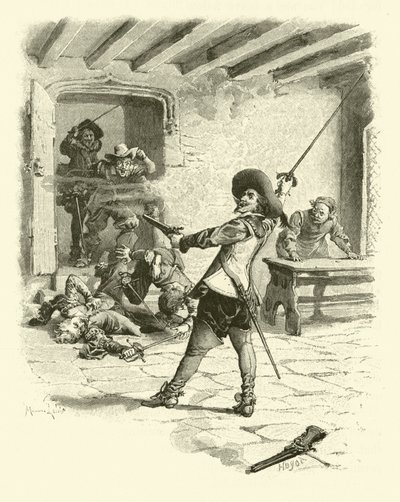 Illustration för De tre musketörerna (gravyr) av Maurice Leloir
