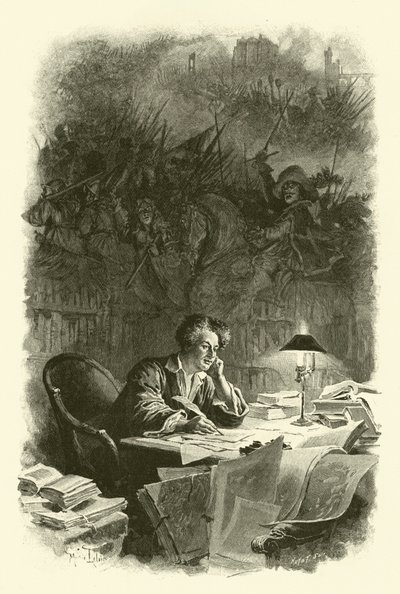 Illustration för De tre musketörerna (gravyr) av Maurice Leloir