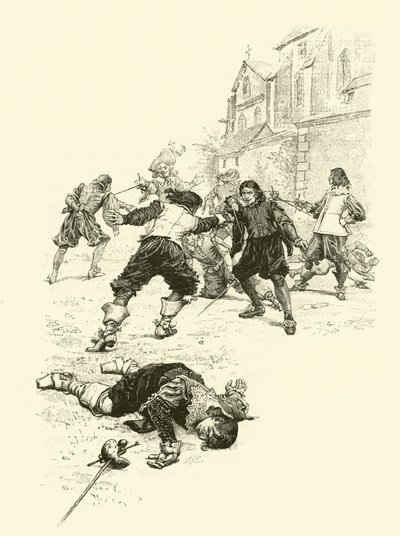 Illustration för De tre musketörerna (gravyr) av Maurice Leloir