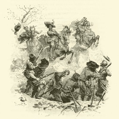 Illustration för De tre musketörerna (gravyr) av Maurice Leloir