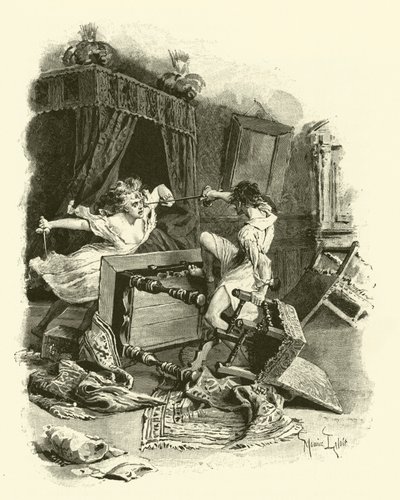 Illustration för De tre musketörerna (gravyr) av Maurice Leloir