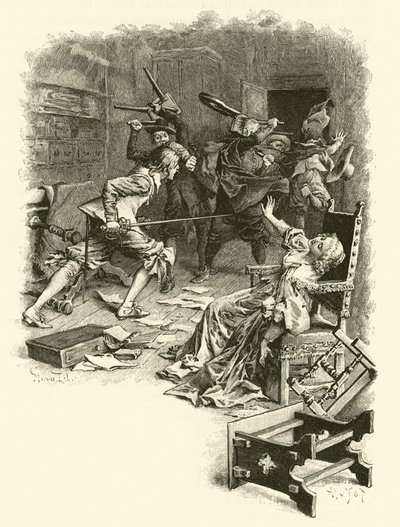 Illustration för De tre musketörerna (gravyr) av Maurice Leloir
