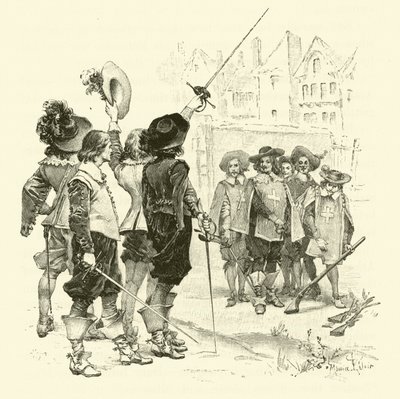 Illustration för De tre musketörerna (gravyr) av Maurice Leloir