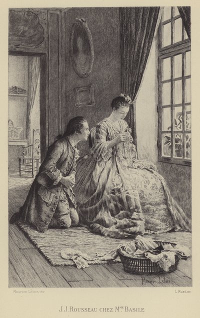 Jean-Jacques Rousseau i Madame Basiles hus (gravyr) av Maurice Leloir