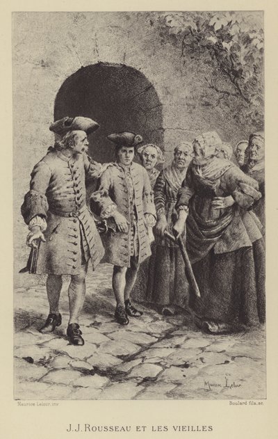 Jean-Jacques Rousseau med de gamla kvinnorna (gravyr) av Maurice Leloir