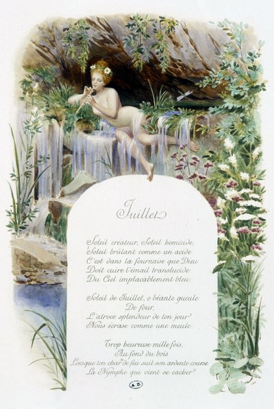 Juli ""Månadens sång"" av Jérôme Doucet, illustration - Maurice Leloir, red. Reims 1904. L. Michaud av Maurice Leloir