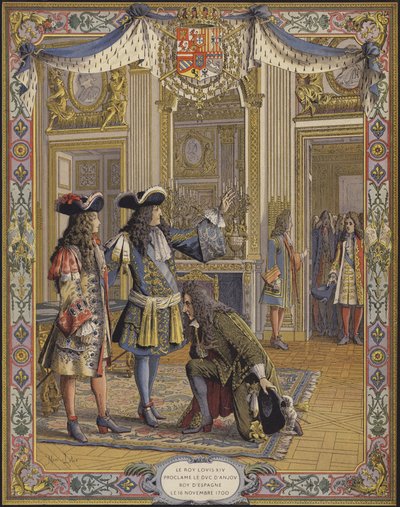 Kung Ludvig XIV, Duc dAnjou, utropade till kung av Spanien och tog emot hyllningen av sin ambassadör av Maurice Leloir
