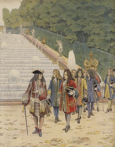 Kung Ludvig XIV och Samuel Bernard vid Marly, besök i trädgårdarna av Maurice Leloir