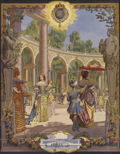 Kung Ludvig XIV besöker verken i Versailles, Le Bosquet De La Colonnade av Maurice Leloir