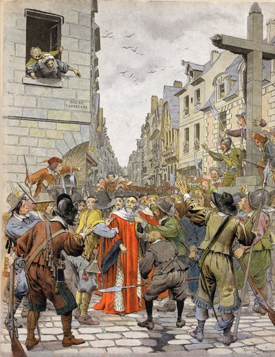 La Fronde: Journees des Barricades (augusti 1648): Vid korset mellan Trahoir (i hörnet av Saint Honores gator (Saint-Honore) och av Dry Arbre i Paris), kräver folkmassan att Mathieu Mole (1584-1656), parlamentets första talman, gå till Palais R av Maurice Leloir