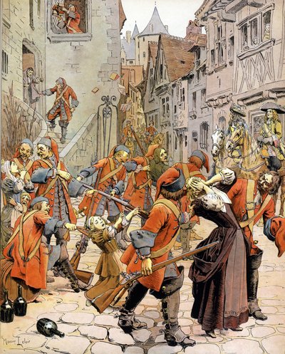 Les Dragonnades (1681-1685): skingra en protestantisk familj av draktrupperna som anklagas för att omvända protestanter. Kromotypografi i "" Le Roy Soleil"" (Louis XIV) av Gustave Toutwelve, Illustration av Maurice Leloir (1853-1940) av Maurice Leloir