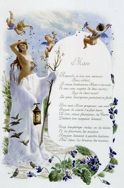 Mars ""Månadens sång"" av Jérôme Doucet, illustration - Maurice Leloir, red. Reims 1904. L. Michaud av Maurice Leloir
