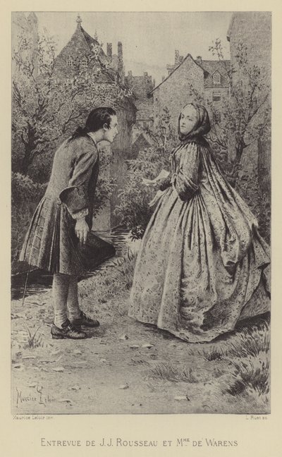 Möte mellan Jean-Jacques Rousseau och Madame de Warens (gravyr) av Maurice Leloir