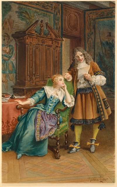 Moliere läser en ny pjäs för Armande Bejart (illustration) av Maurice Leloir