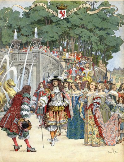 Nicolas Fouquet tar emot den engelske kungen Ludvig XIV i sitt slott Vaux Le Vicomte, Frankrike, 17 augusti av Maurice Leloir