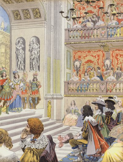 Föreställning i teatern Palais Cardinal of Mirame, pjäsen skriven av Richelieu och Desmarets av Maurice Leloir