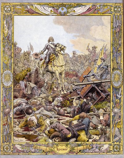 Prins Ludvig II av Bourbon Conde (Bourbon-Conde), känd som Grand Conde (1621-1686), hertig av Enghien hälsar greven av Fontaines lik i slaget vid Rocroi (Rocroy) mot spanjorerna, 19 maj av Maurice Leloir