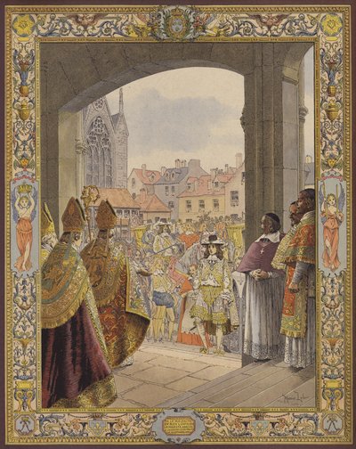 Tillkännagivande av majoriteten av kung Ludvig XIV, ankomsten till Sainte-Chapelle av Maurice Leloir