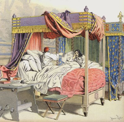 Richelieu och kung Ludvig XIII i intilliggande sängar vid tiden för Cinq-Mars konspiration av Maurice Leloir