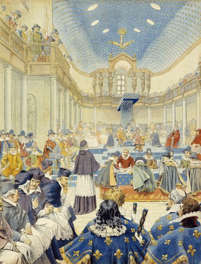 Richelieu höll talet, i kontoristens namn, vid generalstaternas avslutande möte 1614 - i "Richelieu" av Maurice Leloir. av Maurice Leloir