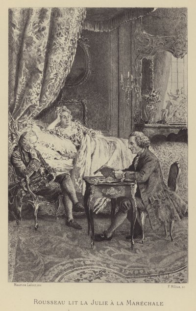 Rousseau läser sin roman Julie to la Marechale (gravyr) av Maurice Leloir