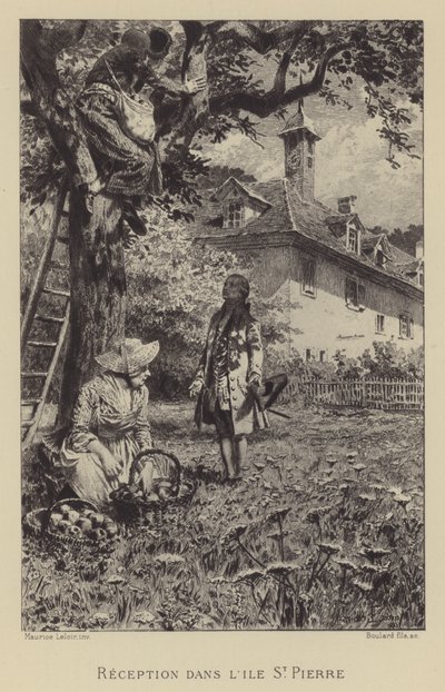 Rousseaus mottagning på Ile St Pierre (gravyr) av Maurice Leloir