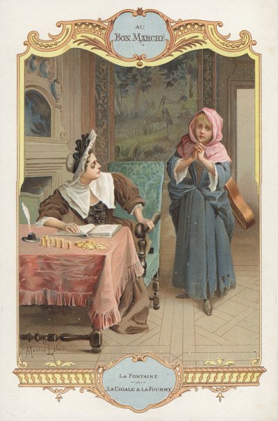 Scen från Jean de la Fontaines fabel La Cigale et la Fourmi (Myran och gräshoppan) (chromolitho) av Maurice Leloir