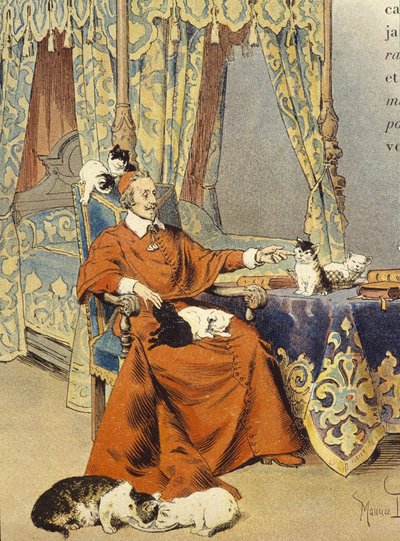 Kardinalen leker med sina katter som han älskade särskilt - i "" Richelieu"" av Maurice Leloir, deb. 1900-talet av Maurice Leloir