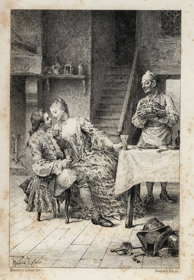 i "History of Manon Lescaut and the Chevalier Des Grieux" av Abbe Prevost (1697-1763), fransk författare. Gravyr efter teckningar av Maurice Leloir (1885). av Maurice Leloir