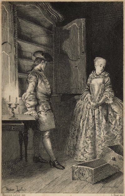upptäckten av Vol - i "Historien om Manon Lescaut och Chevalier Des Grieux" av Abbe Prevost (1697-1763), fransk författare. Gravyr efter teckningar av Maurice Leloir (1885). av Maurice Leloir