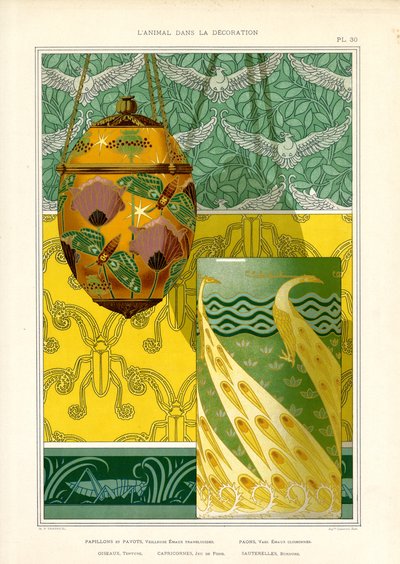Dekorativa föremål i jugendstil med påfågel, fjärilar och duvor (litografi) av Maurice Pillard Verneuil