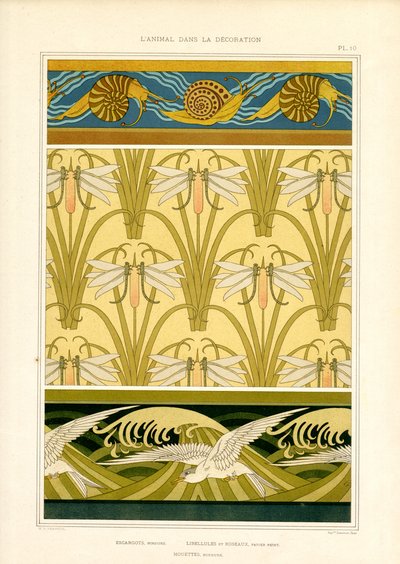 Bårder och ytmönster med marina djur, trollsländor och fiskmåsar (litografi) av Maurice Pillard Verneuil