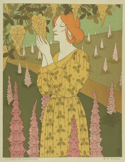Cytises and Digitales - Kvinna med blåregn och Foxgloves (färg litho) av Maurice Pillard Verneuil