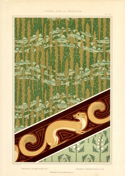 Dekorativa jugendmönster med fisk, hermelin och liljekonvalj (lito) av Maurice Pillard Verneuil