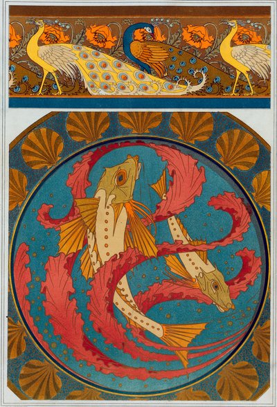 Designer för påfågel- och vallmogräns, pub. 1897. av Maurice Pillard Verneuil