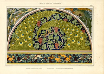 Påfågel- och harmotiv som dekorativ komposition i jugendstil (litografi) av Maurice Pillard Verneuil