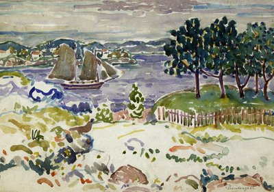 Vik med segelbåt, Maine av Maurice Prendergast