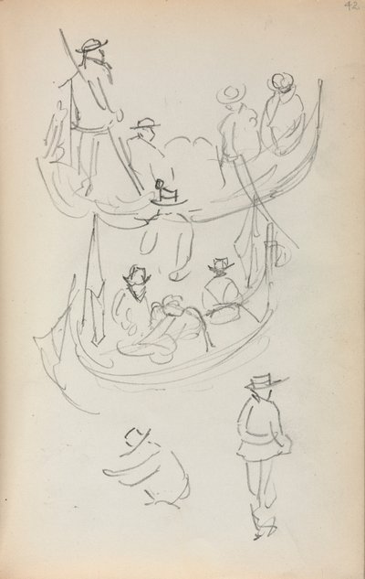 Italiensk skissbok: Två gondoler med figurer av Maurice Prendergast