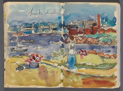 Skissbok - The Granite Shore Hotel, Rockport, sidan 084  85: Hamnutsikt med färgnoteringar av Maurice Prendergast