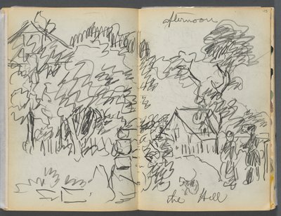 Skissbok - The Granite Shore Hotel, Rockport, sidan 104-105: "Eftermiddag på kullen" av Maurice Prendergast