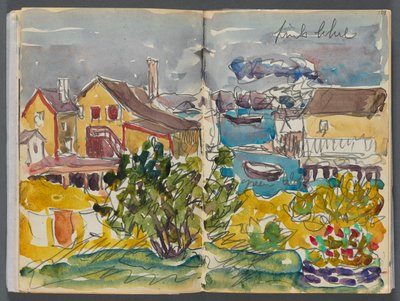 Skissbok - The Granite Shore Hotel, Rockport, sidorna 128  129: Hus vid hamnen av Maurice Prendergast