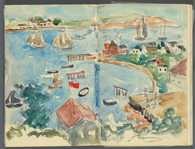 Skissbok, The Dells, nr 127, sidorna 048 & 49: Vy över en vik uppifrån av Maurice Prendergast