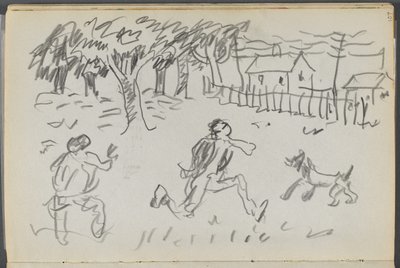 Skissbok, The Dells, nr 127, sidan 107: Landskap med figurer och hund av Maurice Prendergast